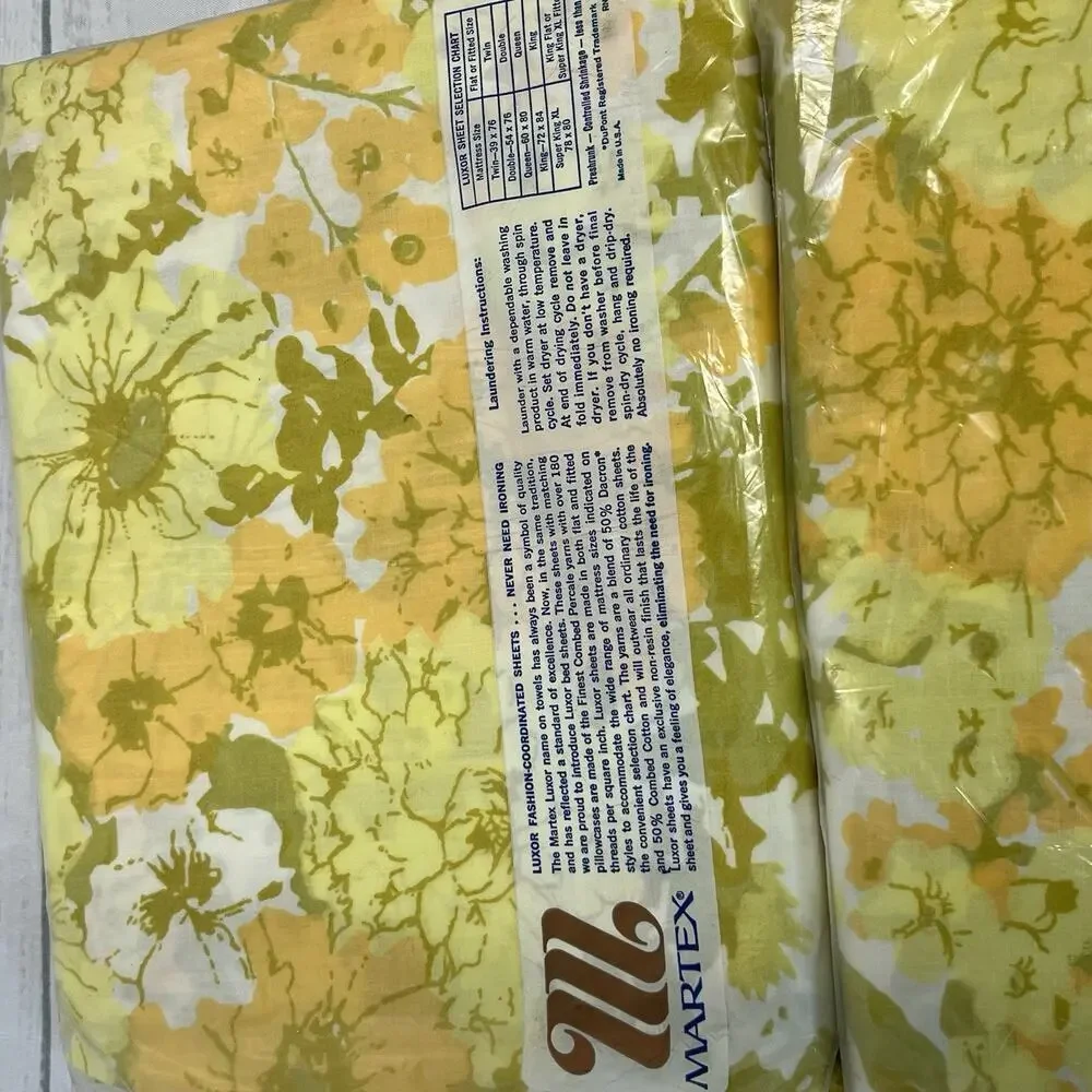 Vintage Martex Luxor Percale Twin Fitted Sheet Set 3pc Yellow Green Pillowcases